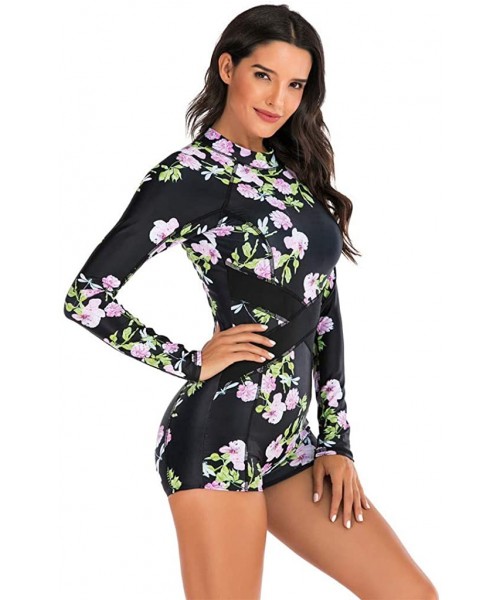 One-Pieces Womens Long Sleeve Floral Swimwear Swimsuits Sexy One Piece Long Sleeve Bathing Suits Surfing Bathing Suits Black ...