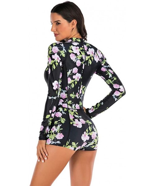 One-Pieces Womens Long Sleeve Floral Swimwear Swimsuits Sexy One Piece Long Sleeve Bathing Suits Surfing Bathing Suits Black ...