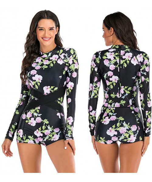 One-Pieces Womens Long Sleeve Floral Swimwear Swimsuits Sexy One Piece Long Sleeve Bathing Suits Surfing Bathing Suits Black ...