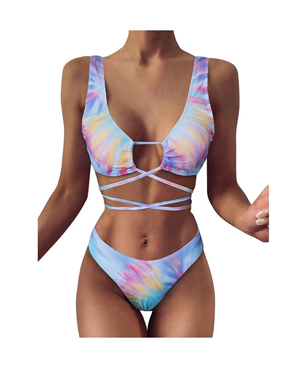 Sets Women's Sexy Bandage Swimsuit Tie-Dye Printed Swimwear High Waist High Cut Calf Two Piece Set Bikini Suit - Blue - CK190...