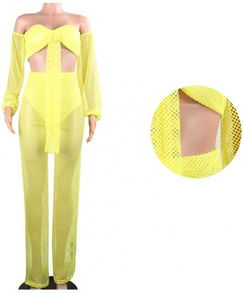 Cover-Ups Womens Mesh Two Piece Crochet Sexy Outfit See Through Swimsuit Cover Up Set - Yellow - CV18Z3927MM