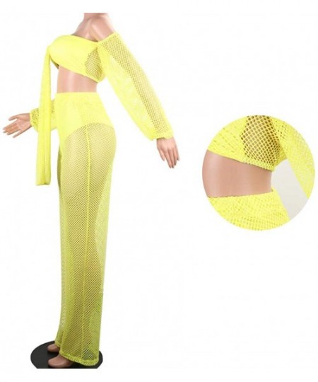 Cover-Ups Womens Mesh Two Piece Crochet Sexy Outfit See Through Swimsuit Cover Up Set - Yellow - CV18Z3927MM