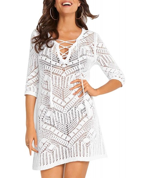 Cover-Ups Womens Beach Cover up Swimwear Knit Hollow Out V-Neck Bikini Covers Lace Holiday Beach Dress - White - CS19CQ5DTCY