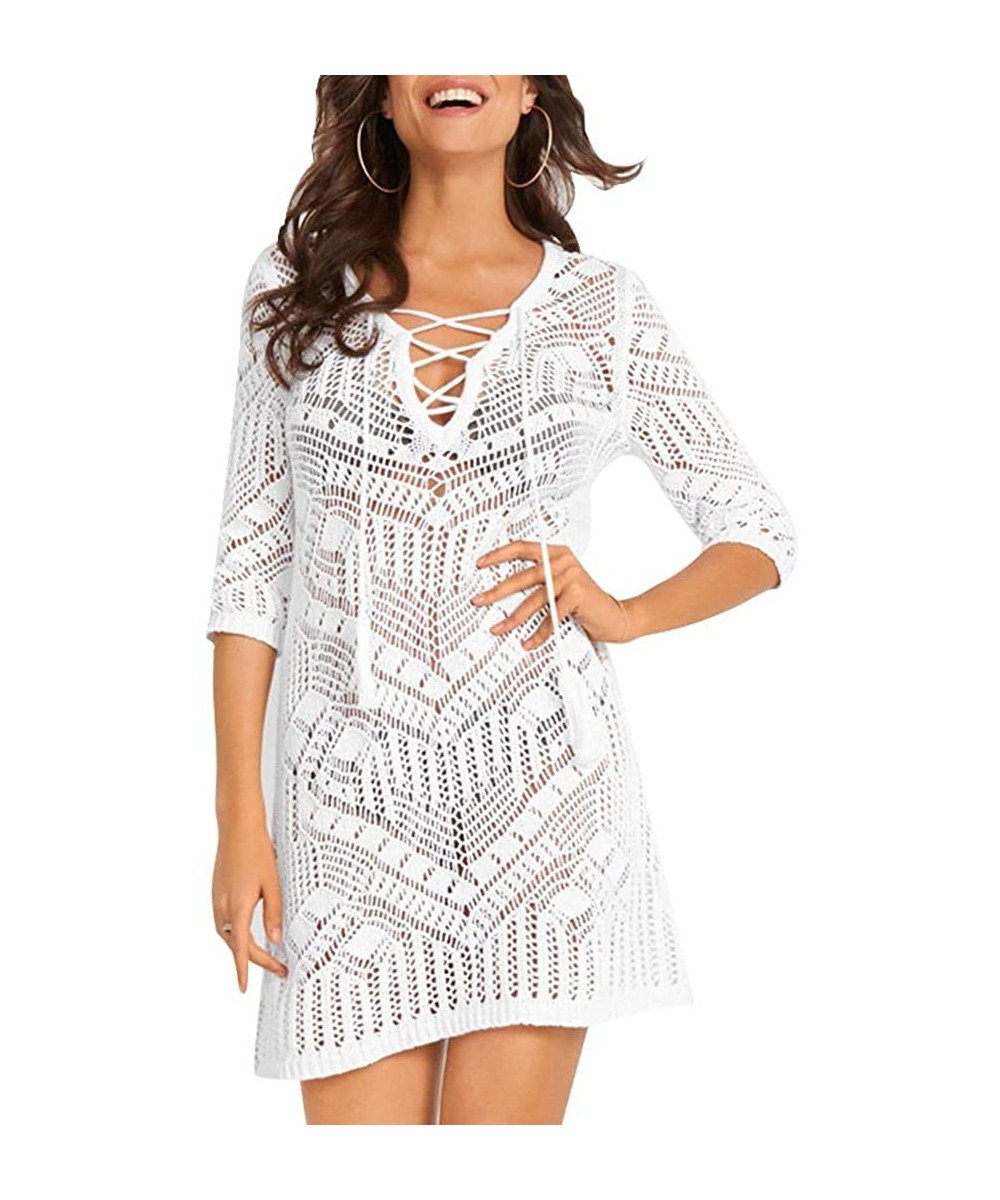 Cover-Ups Womens Beach Cover up Swimwear Knit Hollow Out V-Neck Bikini Covers Lace Holiday Beach Dress - White - CS19CQ5DTCY