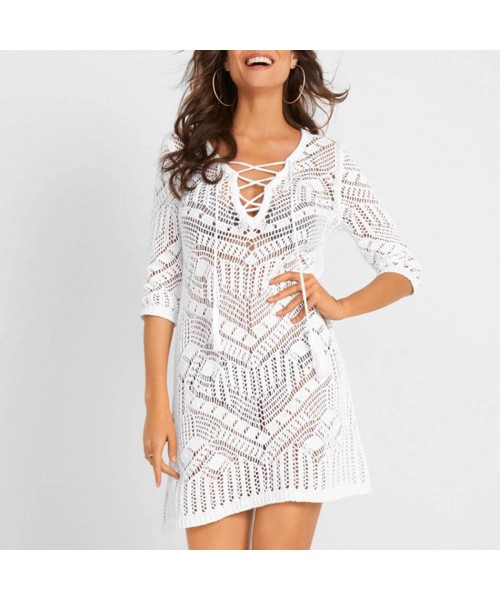 Cover-Ups Womens Beach Cover up Swimwear Knit Hollow Out V-Neck Bikini Covers Lace Holiday Beach Dress - White - CS19CQ5DTCY