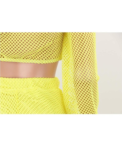 Cover-Ups Womens Mesh Two Piece Crochet Sexy Outfit See Through Swimsuit Cover Up Set - Yellow - CV18Z3927MM