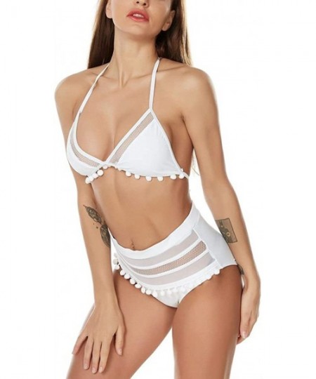 Sets Women's High Waist Two Pieces Swimsuit Push Up Bikini Set Padded Stripe Tassel Bathing Suit - D-white 2 - CM190OCX9AI