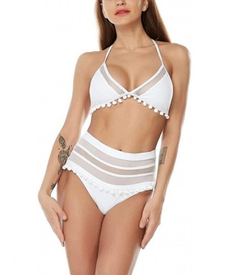 Sets Women's High Waist Two Pieces Swimsuit Push Up Bikini Set Padded Stripe Tassel Bathing Suit - D-white 2 - CM190OCX9AI