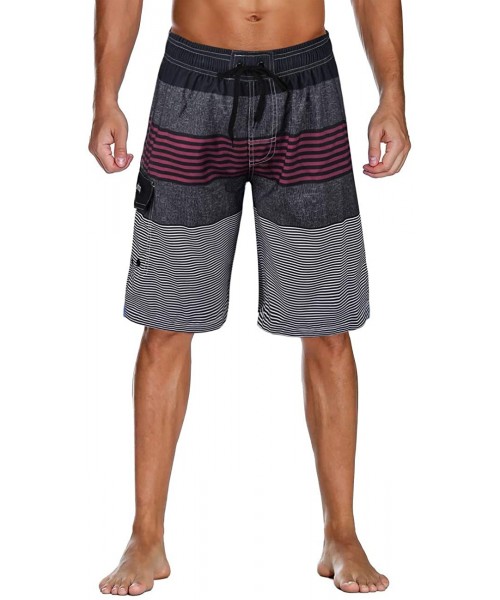 Board Shorts Men's Swim Trunks Colortful Striped Beach Board Shorts with Lining - Red-55 - CD183W482AX