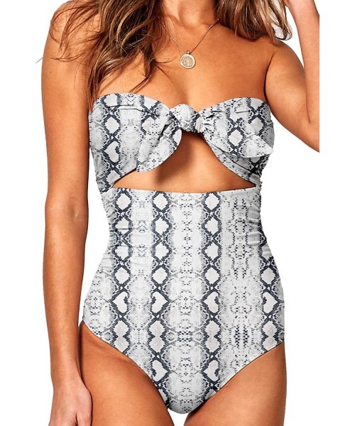 One-Pieces Womens Sexy Strapless Tie Knot Front High Waist One Piece Swimsuit - Snake Skin - CN19C6TK82O