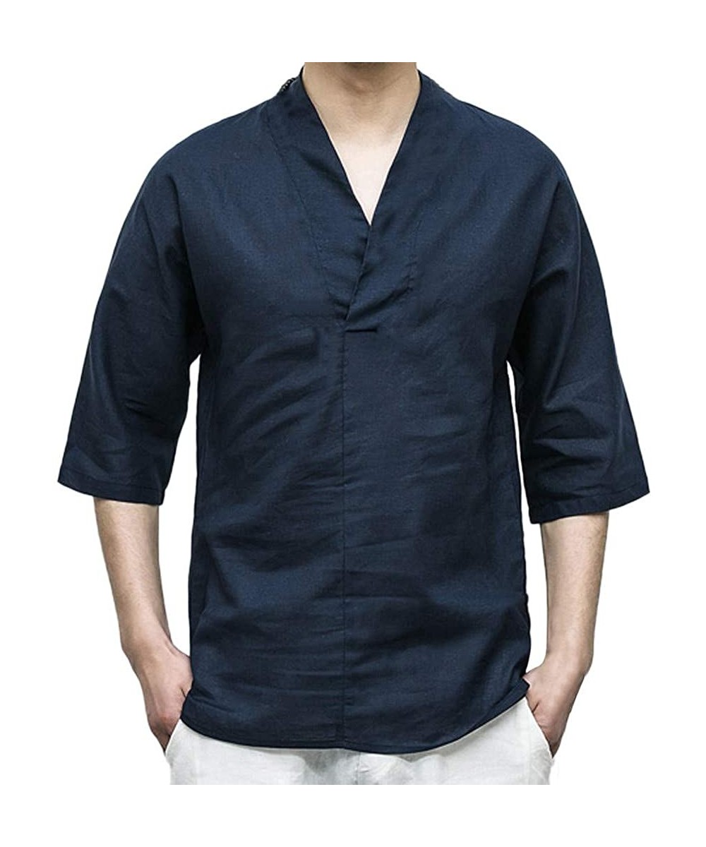 Cover-Ups Men's Chinese Traditional Linen Cotton Tai Chi Kung Fu Mandarin Shirt- Casual Beach T Shirts - Dark Blue003 - CG195...