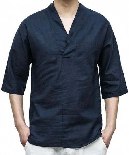 Cover-Ups Men's Chinese Traditional Linen Cotton Tai Chi Kung Fu Mandarin Shirt- Casual Beach T Shirts - Dark Blue003 - CG195...