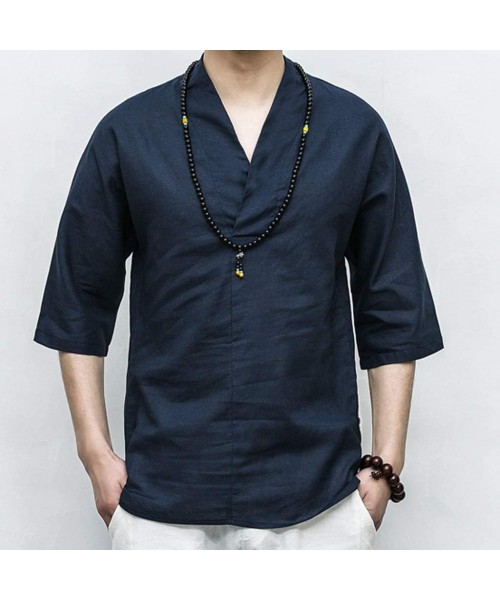 Cover-Ups Men's Chinese Traditional Linen Cotton Tai Chi Kung Fu Mandarin Shirt- Casual Beach T Shirts - Dark Blue003 - CG195...