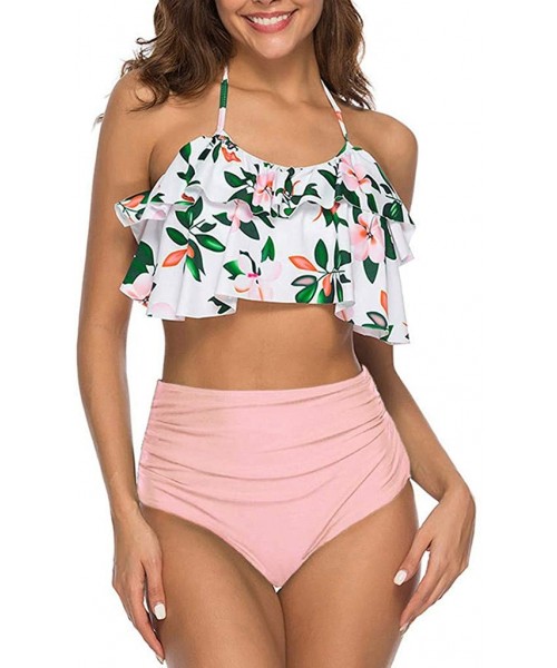 Sets Swimsuit for Women Two Pieces Bathing Suits Halter Ruffled Top with High Waisted Ruched Bottom Tankini Set - Pink - C018...