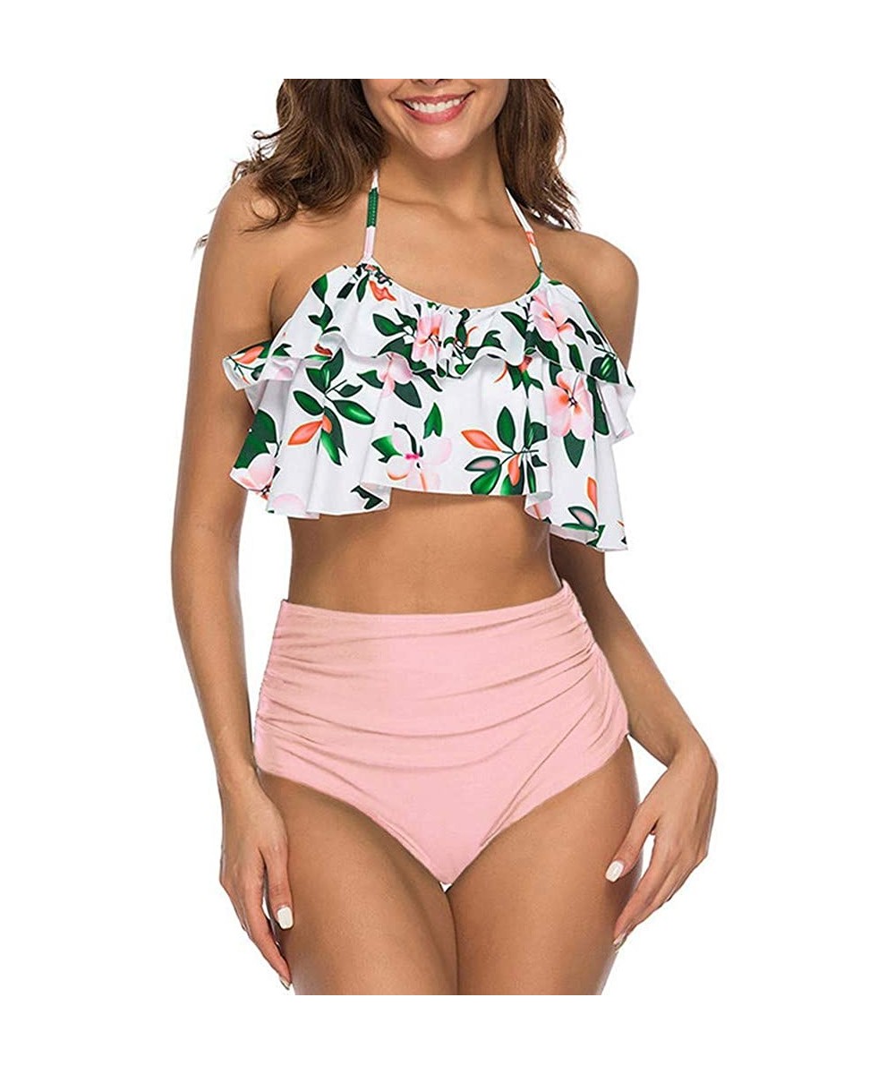 Sets Swimsuit for Women Two Pieces Bathing Suits Halter Ruffled Top with High Waisted Ruched Bottom Tankini Set - Pink - C018...