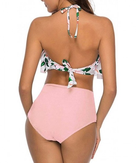 Sets Swimsuit for Women Two Pieces Bathing Suits Halter Ruffled Top with High Waisted Ruched Bottom Tankini Set - Pink - C018...