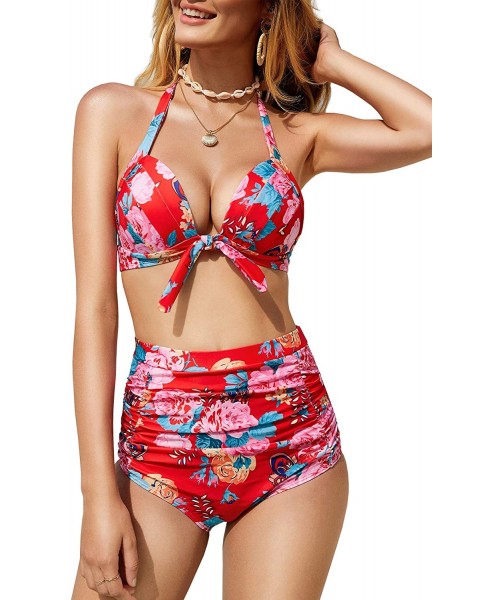 Sets Womens High Waisted Bikini Set 2 Piece Halter Swimsuits Ruched Floral Bathing Suits - Red - CU18R9LONCM