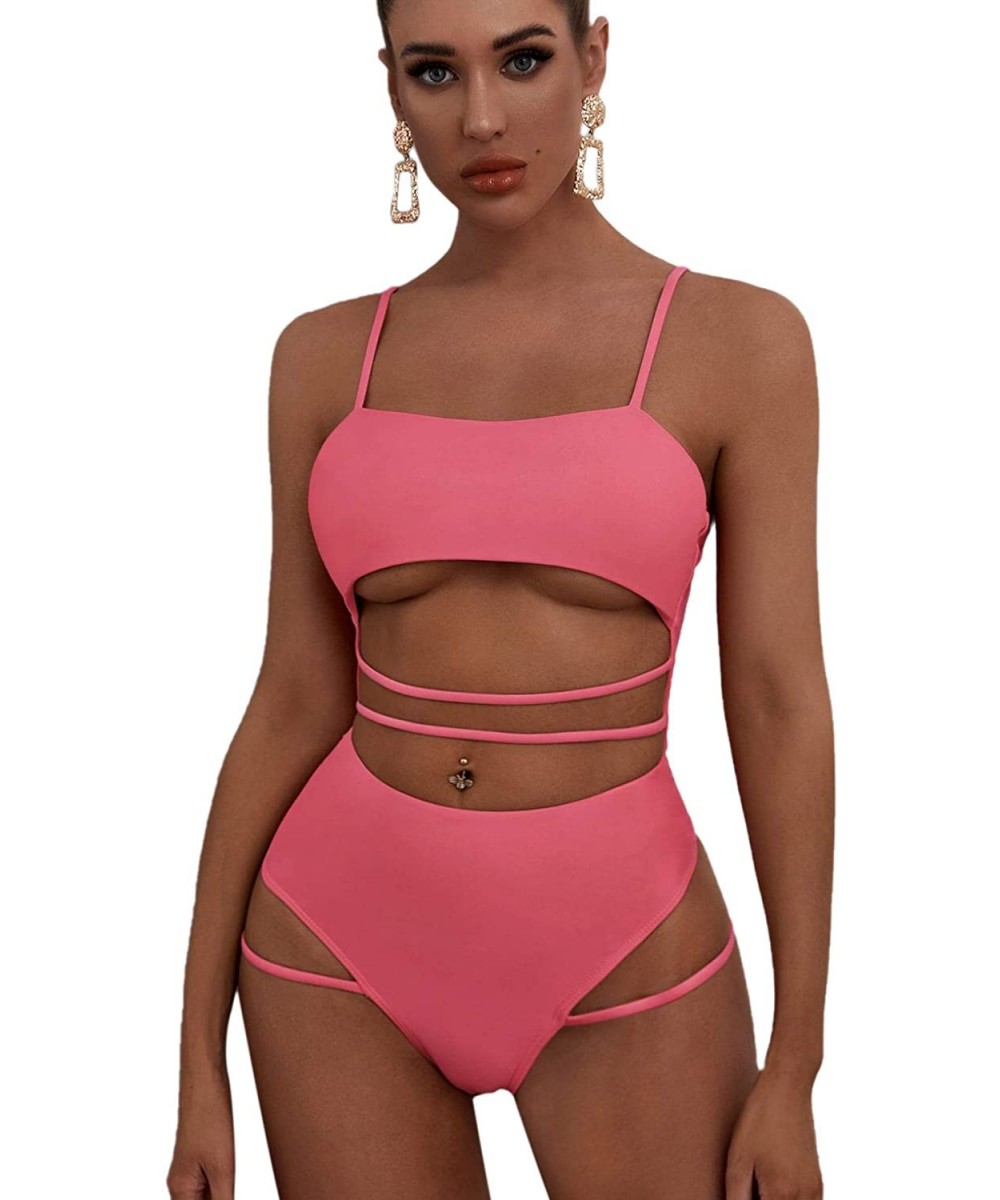 One-Pieces Women's Sexy One Piece Bathing Suit Cut Out Front High Cut Monokini Swimsuit - Pink - CS194Z2DQAU