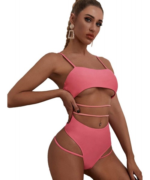 One-Pieces Women's Sexy One Piece Bathing Suit Cut Out Front High Cut Monokini Swimsuit - Pink - CS194Z2DQAU