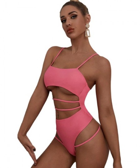 One-Pieces Women's Sexy One Piece Bathing Suit Cut Out Front High Cut Monokini Swimsuit - Pink - CS194Z2DQAU