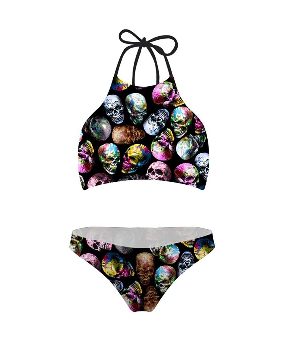 Sets Women Swimsuit Beach Swimwear Tie Halter Padding Bikini Bathing Suit Two Piece Tropical Plants Pattern - Skull-2 - C018S...