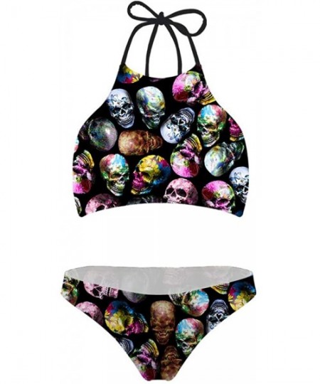 Sets Women Swimsuit Beach Swimwear Tie Halter Padding Bikini Bathing Suit Two Piece Tropical Plants Pattern - Skull-2 - C018S...