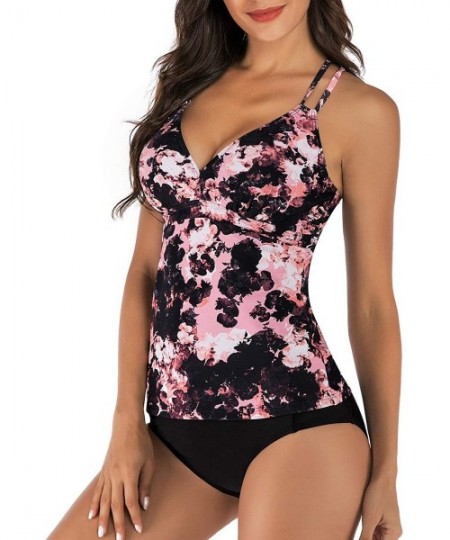 Sets Women's V Neck Tankini Set Criss Cross Back Tankini Top with Bikini Bottom Two Piece Bathing Suits - Print-8 - CJ18W9KGMG3