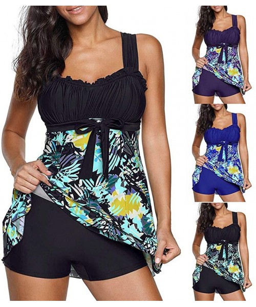 Racing Plus Size Women's Fashion Summer Beach Swimsuits Dress Sleeveless Printed Tankini Swimsuits Two-Piece - Black - CE19CM...