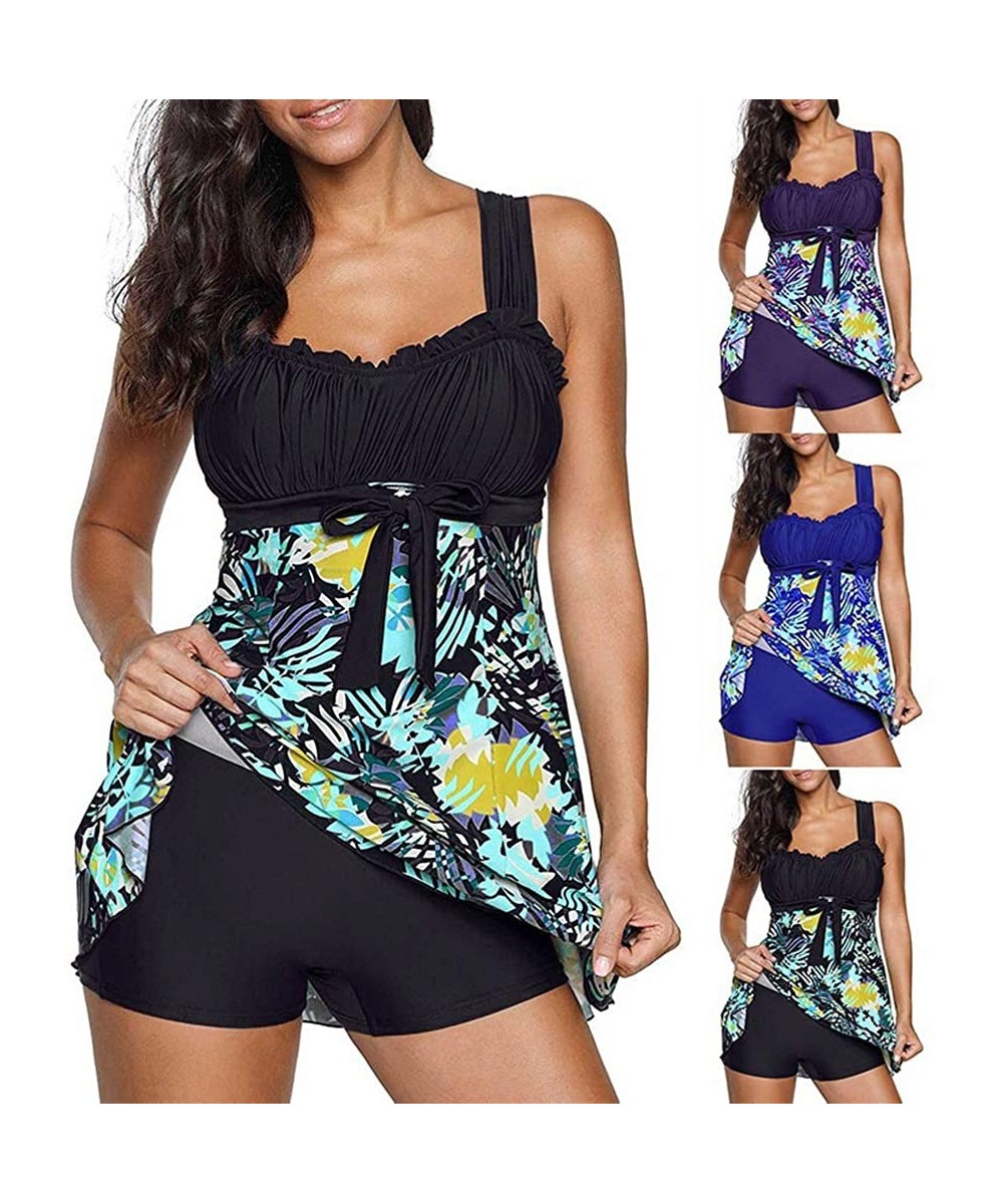 Racing Plus Size Women's Fashion Summer Beach Swimsuits Dress Sleeveless Printed Tankini Swimsuits Two-Piece - Black - CE19CM...