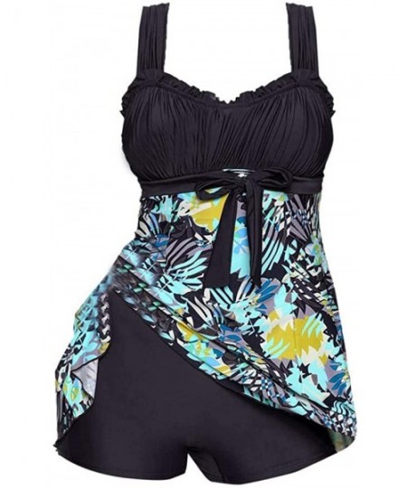 Racing Plus Size Women's Fashion Summer Beach Swimsuits Dress Sleeveless Printed Tankini Swimsuits Two-Piece - Black - CE19CM...