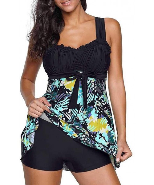 Racing Plus Size Women's Fashion Summer Beach Swimsuits Dress Sleeveless Printed Tankini Swimsuits Two-Piece - Black - CE19CM...