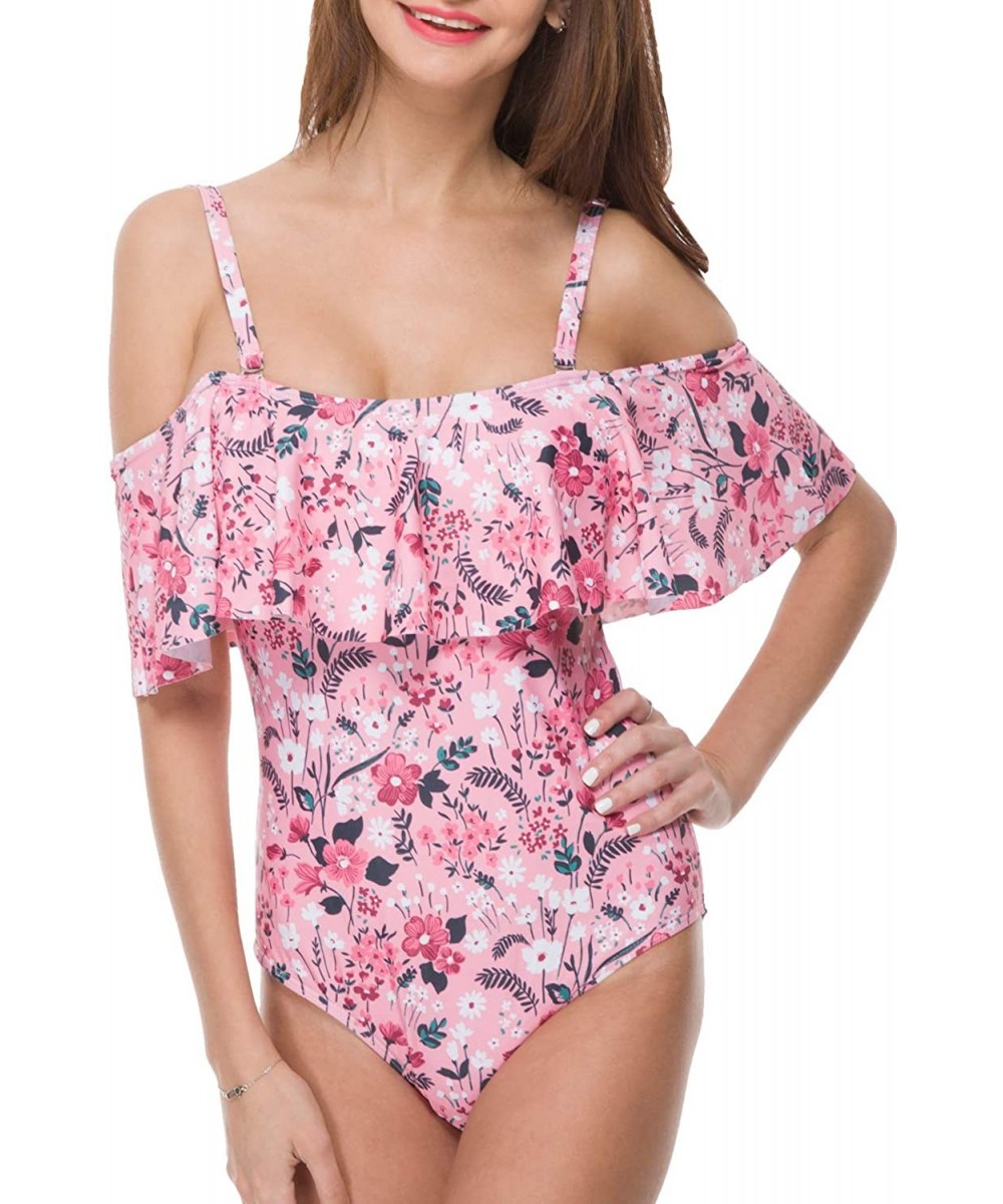 One-Pieces Women One Piece Bathing Suit Printed Shoulder Straps Ruched Swimwear Bikini Swimsuits - 0 Pink - CY18R22WGSX