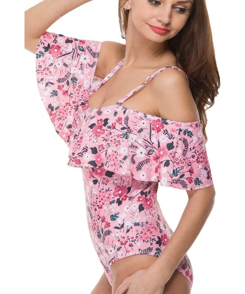 One-Pieces Women One Piece Bathing Suit Printed Shoulder Straps Ruched Swimwear Bikini Swimsuits - 0 Pink - CY18R22WGSX