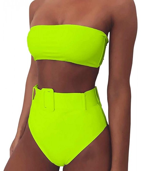 Sets Women's Sexy Strap Wrap Bandeau High Waist Belt Bathing Suit Two Piece Push Up High Cup Bikini Set Swimsuit Neon Green -...