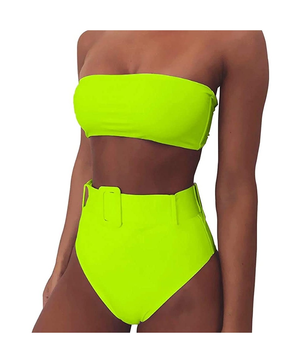 Sets Women's Sexy Strap Wrap Bandeau High Waist Belt Bathing Suit Two Piece Push Up High Cup Bikini Set Swimsuit Neon Green -...