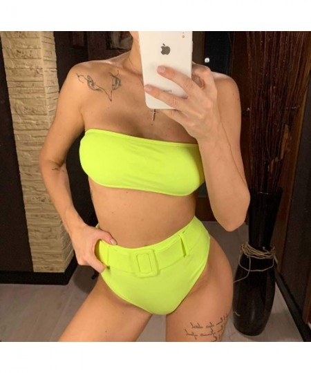 Sets Women's Sexy Strap Wrap Bandeau High Waist Belt Bathing Suit Two Piece Push Up High Cup Bikini Set Swimsuit Neon Green -...