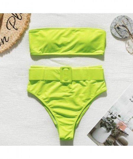 Sets Women's Sexy Strap Wrap Bandeau High Waist Belt Bathing Suit Two Piece Push Up High Cup Bikini Set Swimsuit Neon Green -...