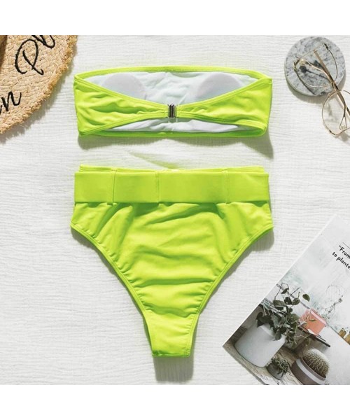 Sets Women's Sexy Strap Wrap Bandeau High Waist Belt Bathing Suit Two Piece Push Up High Cup Bikini Set Swimsuit Neon Green -...