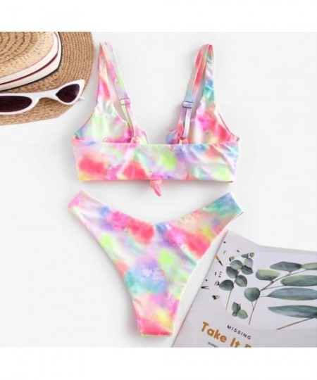 Sets Two Pieces Swimsuit for Women Sexy Tie-Dye Tankini Lace Up High Cut Leg Halter Bikini Set Swimwear Beachwear Bathing Sui...