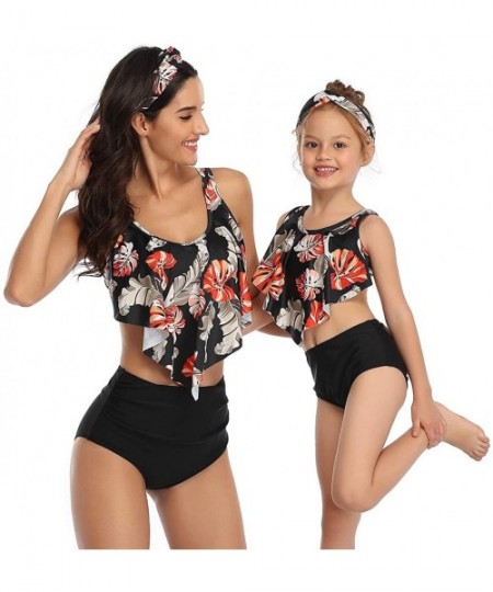 Sets Girls Kids Swimsuit Two Pieces Bikini Set Ruffle Falbala Swimwear Bathing Suits Swimwear - Flower + Black Bottoms - CR19...