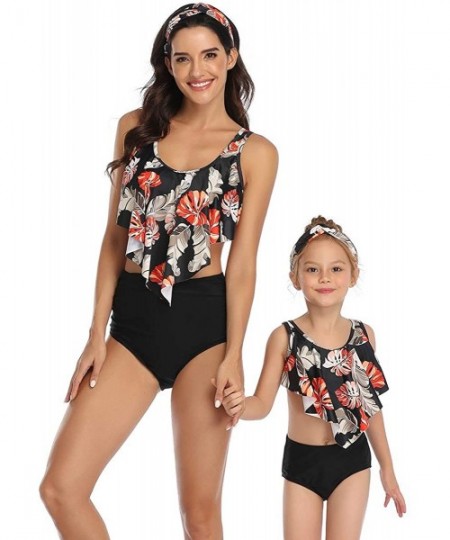 Sets Girls Kids Swimsuit Two Pieces Bikini Set Ruffle Falbala Swimwear Bathing Suits Swimwear - Flower + Black Bottoms - CR19...