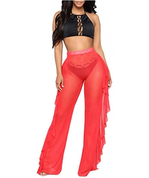 Cover-Ups Womens Perspective Sheer Mesh Ruffle Pants Swimsuit Bikini Bottom Cover Up Party Clubwear Pants (Red- L) - CF1956SA55Y