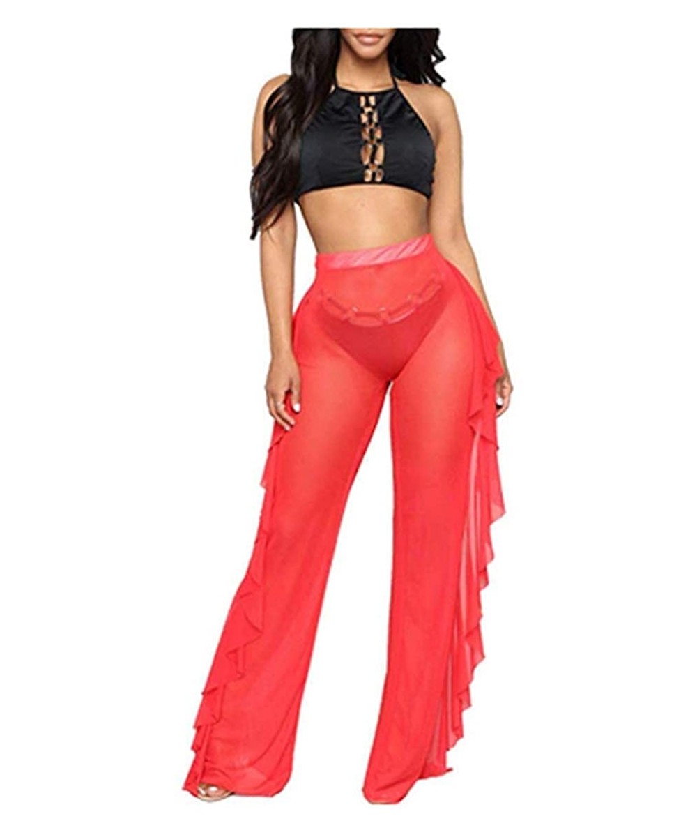 Cover-Ups Womens Perspective Sheer Mesh Ruffle Pants Swimsuit Bikini Bottom Cover Up Party Clubwear Pants (Red- L) - CF1956SA55Y