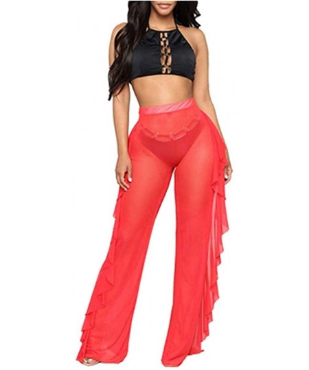 Cover-Ups Womens Perspective Sheer Mesh Ruffle Pants Swimsuit Bikini Bottom Cover Up Party Clubwear Pants (Red- L) - CF1956SA55Y