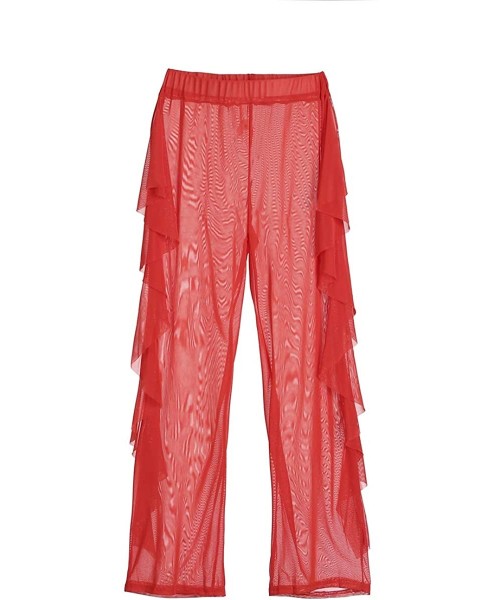 Cover-Ups Womens Perspective Sheer Mesh Ruffle Pants Swimsuit Bikini Bottom Cover Up Party Clubwear Pants (Red- L) - CF1956SA55Y