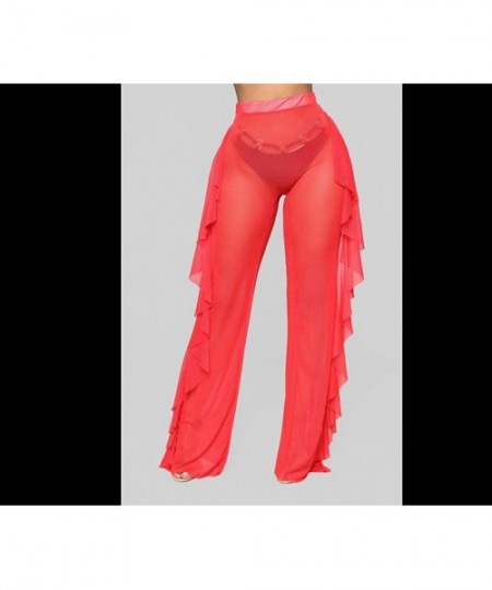 Cover-Ups Womens Perspective Sheer Mesh Ruffle Pants Swimsuit Bikini Bottom Cover Up Party Clubwear Pants (Red- L) - CF1956SA55Y