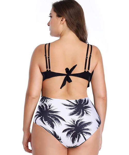 Sets Women's Plus Size Two Piece Ruffle Tankini High Waisted Tummy Control Tassel Backless Bikini Swimwear - Black Top+coconu...