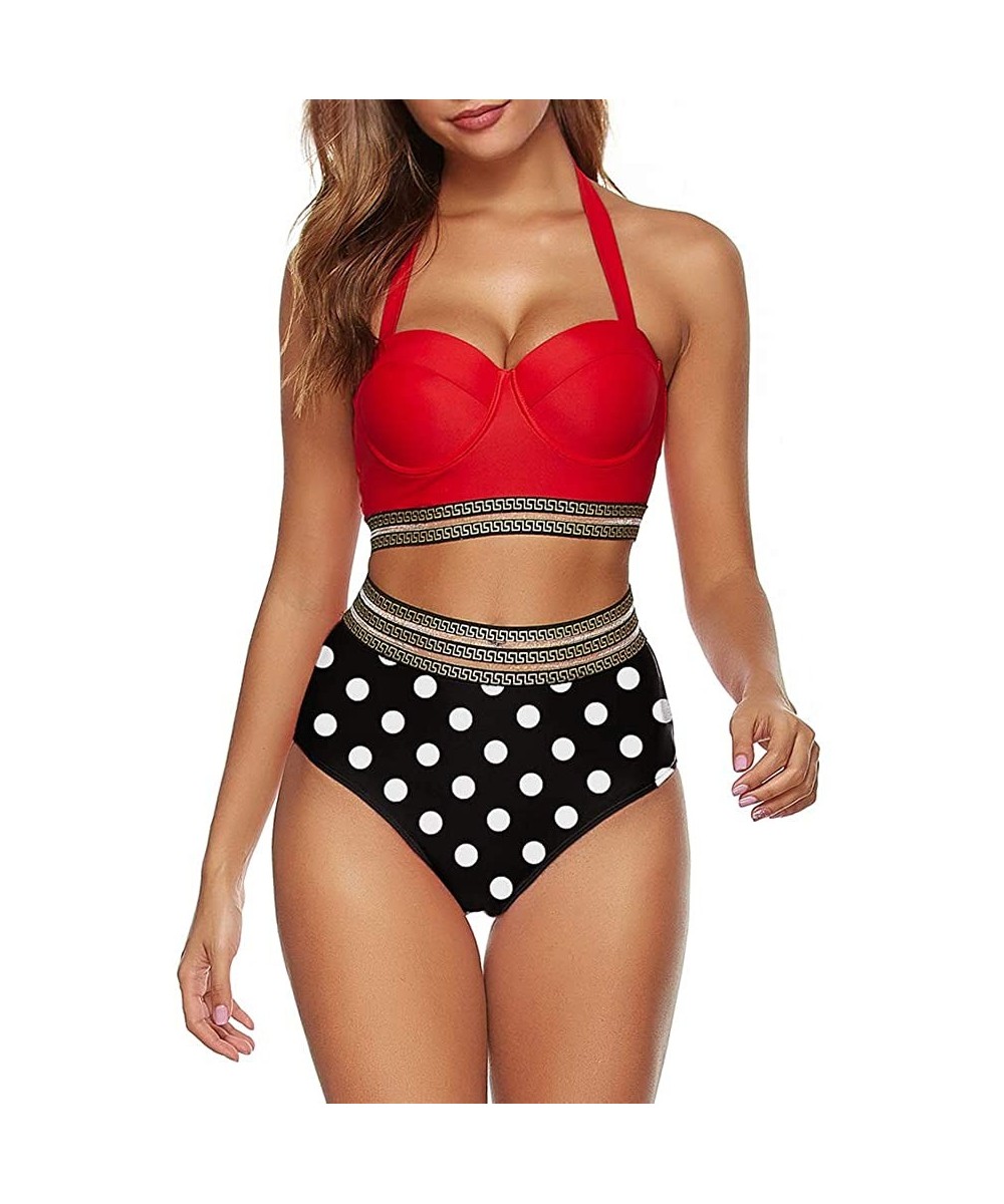 Sets Womens Retro Halter Two Piece Bikini Set High Waist Swimsuit Bathing Suit - Red Dot - C9193DYR54Q