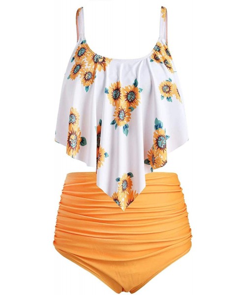 Sets Sunflower Swimsuit for Women Two Piece Flounce Ruffled Tankini Bathing Suits High Waisted Bikini Swimwear Set Orange - C...