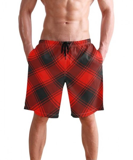 Trunks Mens Swim Trunks Buffalo Plaid Pattern Red Black Inclined Beach Board Shorts - C418MHM24MO